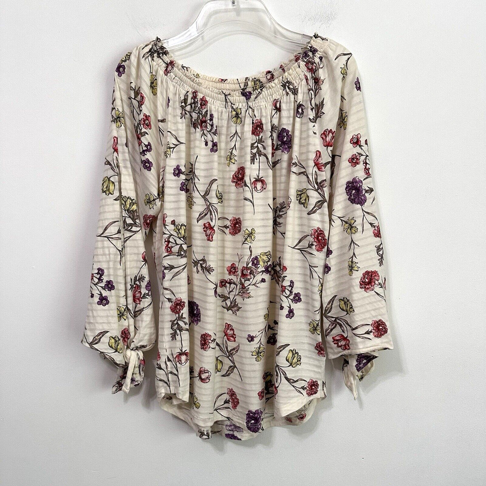Lauren Ralph Lauren Off Shoulder Blouse Top L Tie Slit Sleeve Cream Floral Party